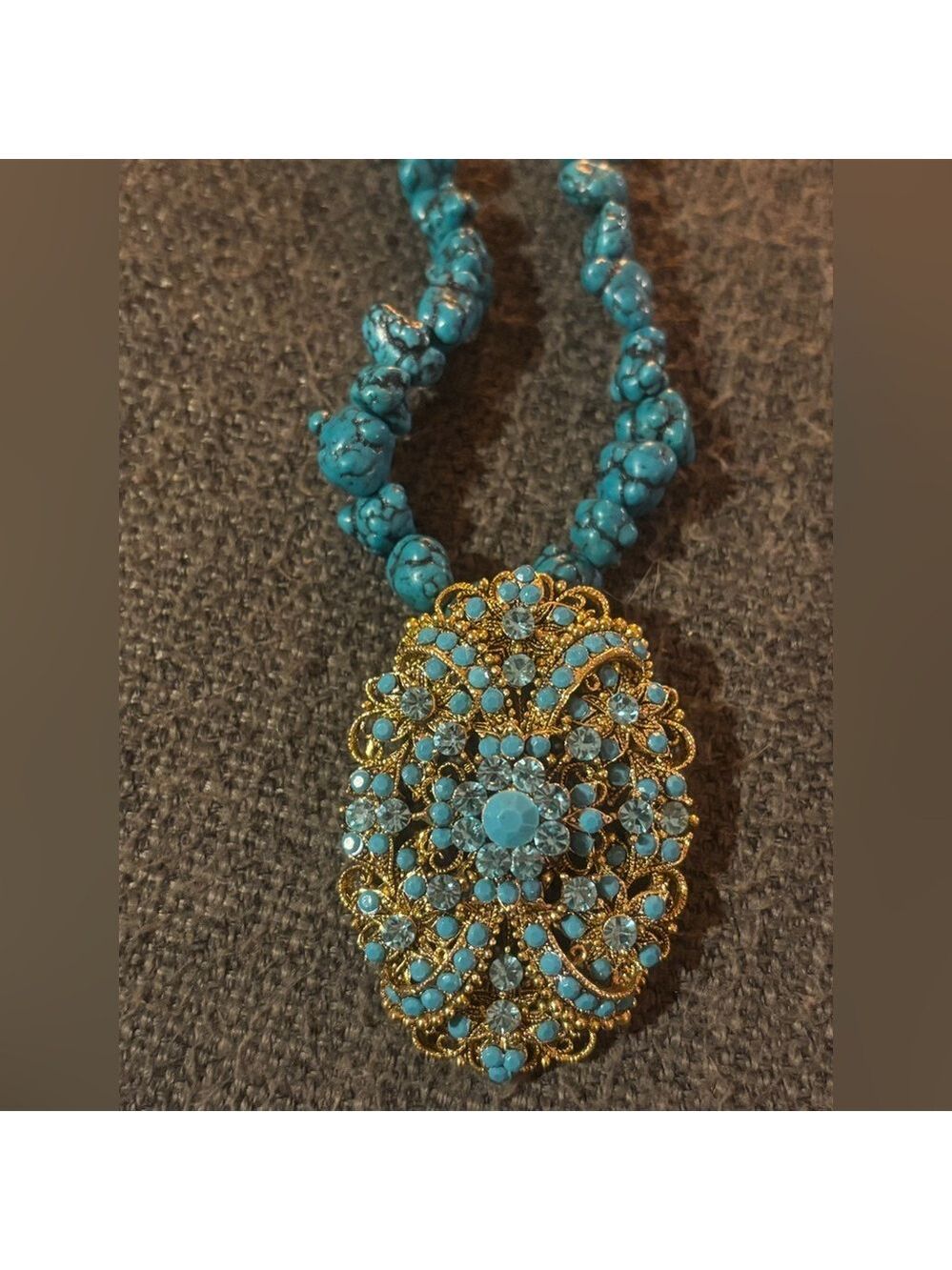 💙 RARE 1928 Designer Turquoise Blue Stone Statement Necklace • Crystal Medallion - Picture 12 of 14